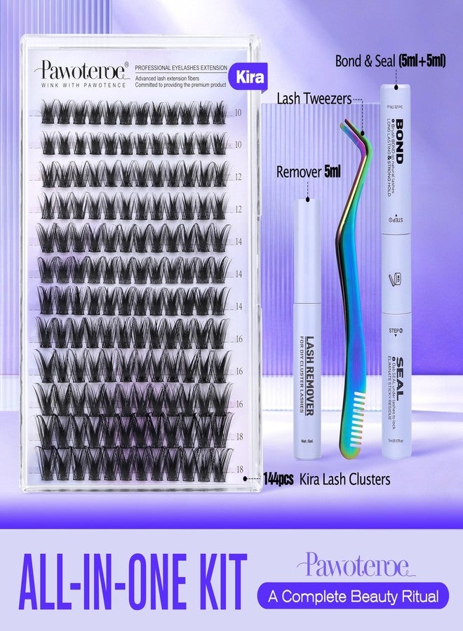Pawotence Kira Lash Clusters Kit 10-18mm Cluster Lashes Extension Kit 144pcs Fairy Eyelash Clusters Wispy Lashes Cluster Eyelash Extensions with Waterproof Lash Bond and Seal, Remover, Applicator - Image 2